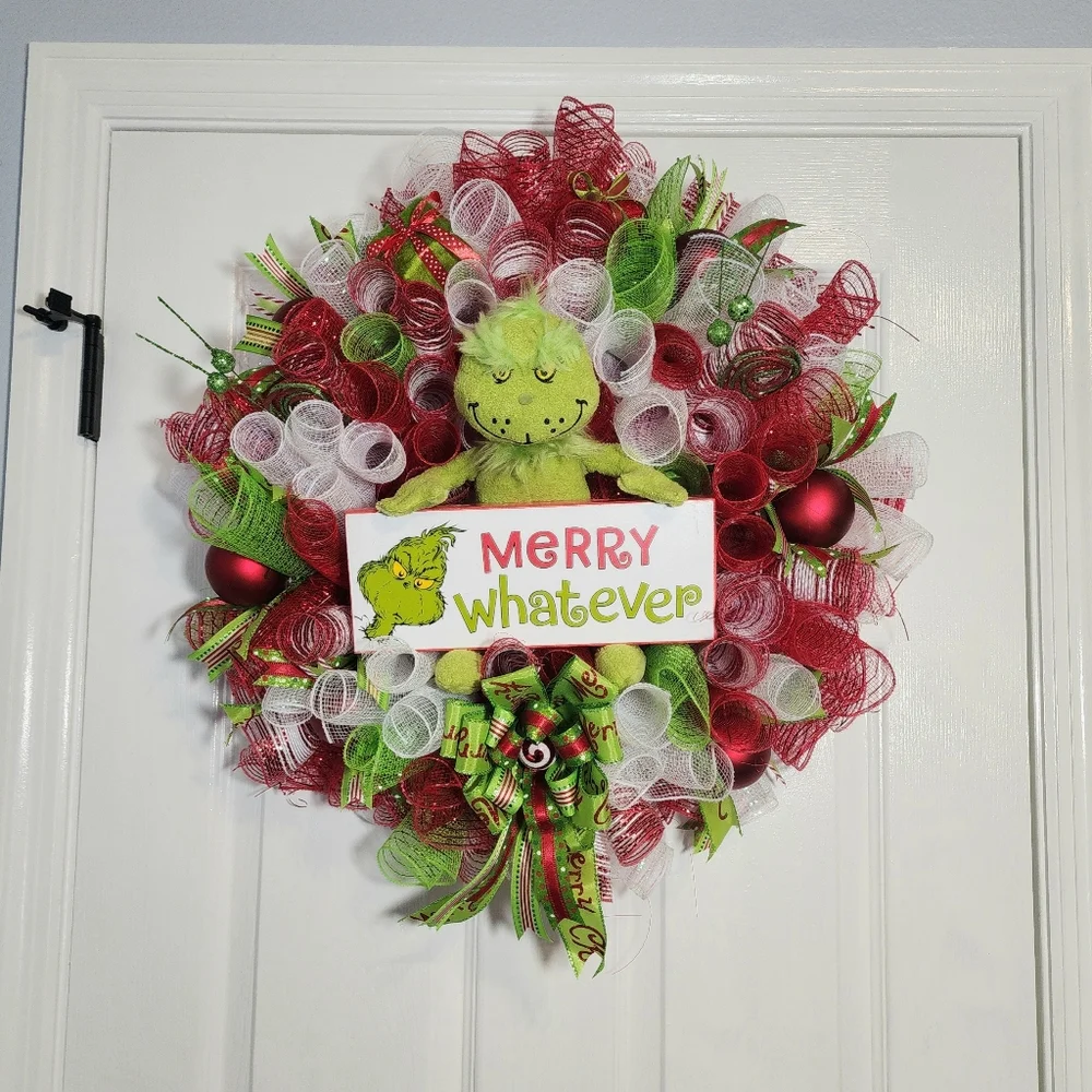 Festive GRINCH Holiday Christmas Wreath - Red, Green, White